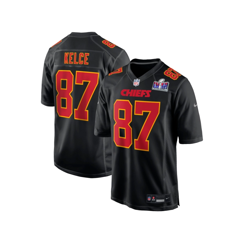 Mens Kansas City Chiefs Travis Kelce Black Super Bowl LVIII Carbon Fashion Game Player Jersey