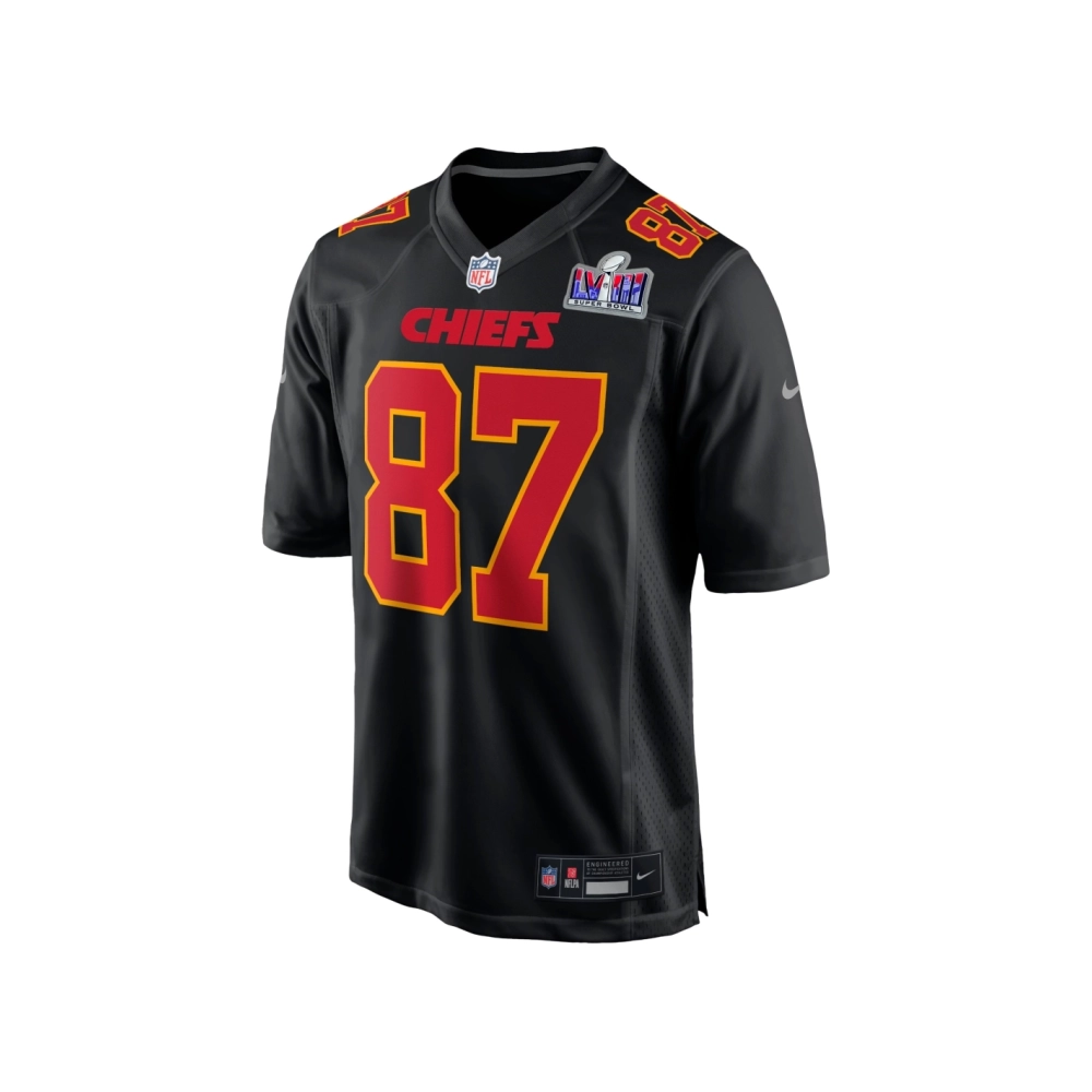 Mens Kansas City Chiefs Travis Kelce Black Super Bowl LVIII Carbon Fashion Game Player Jersey