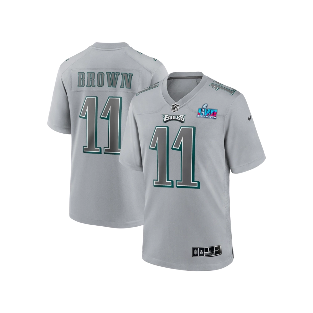 Mens Philadelphia Eagles A.J. Brown Gray Super Bowl LVII Patch Atmosphere Fashion Game Jersey