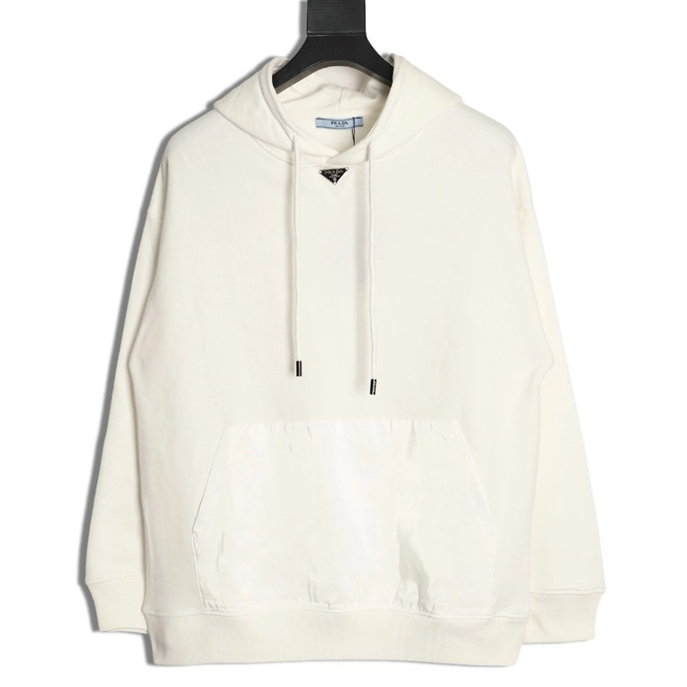 Prada Classic Collar Triangle Logo Nylon Kangaroo Pocket Hoodie,Prada