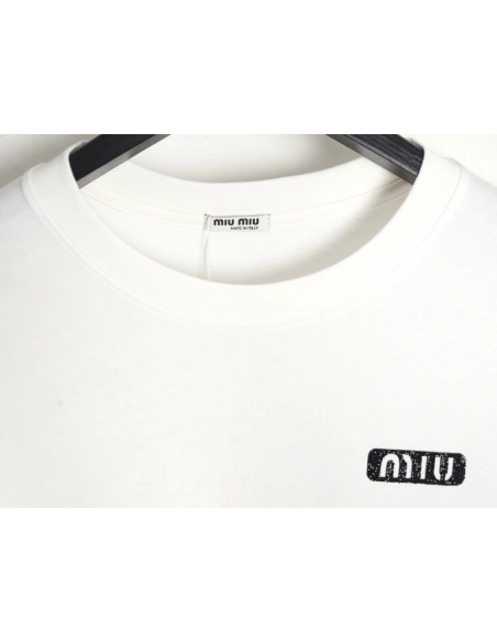 Miu Miu 24SS rhinestone lettering short-sleeved T-shirt,All order with free shipping Miu Miu
