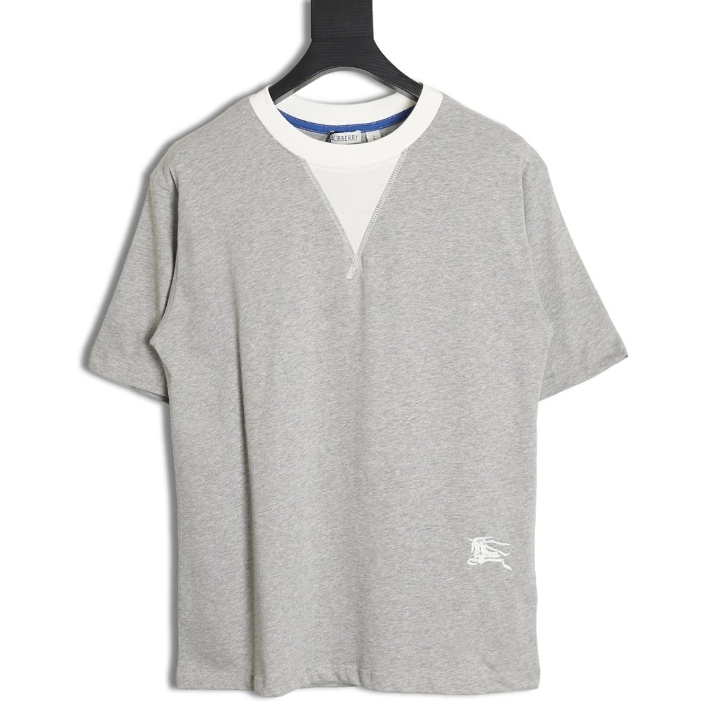 Burberry V-neck stitching round fake two-piece hem warhorse short-sleeved T-shirt,All order with free shipping Burberry