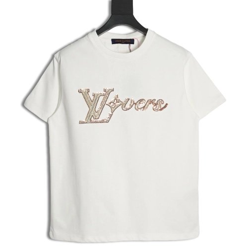 Reps Louis Vuitton Beaded Sequined Embroidered Short Sleeve T-Shirt,All order with free shipping Reps Louis Vuitton