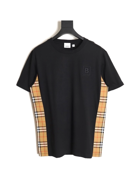 Burberry B logo embroidered plaid patchwork T-shirt TSK1,All order with free shipping Burberry