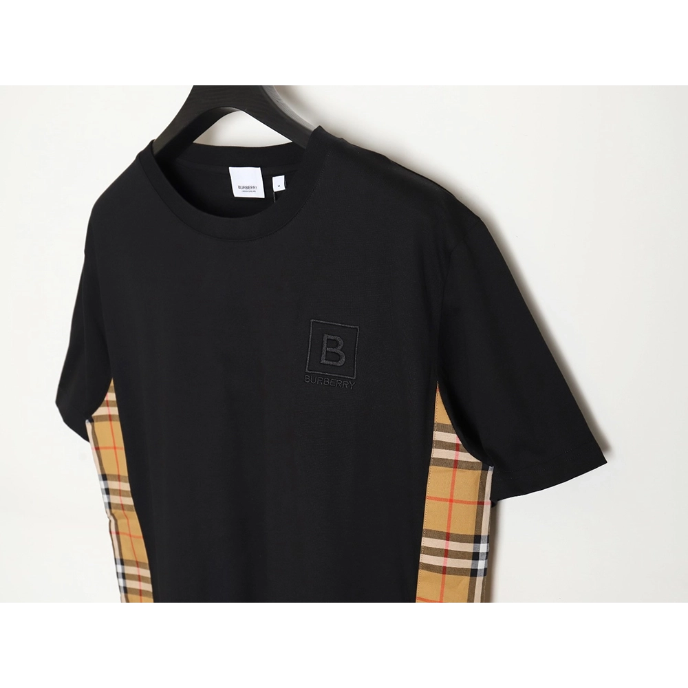 Burberry B logo embroidered plaid patchwork T-shirt TSK1,All order with free shipping Burberry