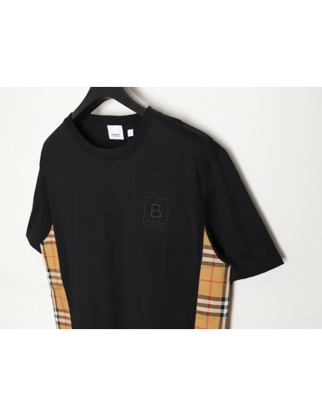 Burberry B logo embroidered plaid patchwork T-shirt TSK1,All order with free shipping Burberry