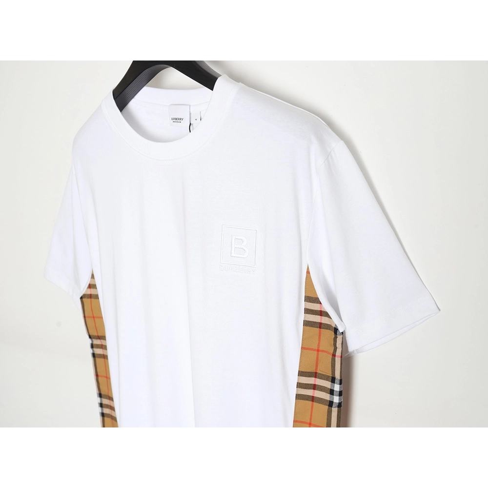 Burberry B logo embroidered plaid patchwork T-shirt,All order with free shipping Burberry
