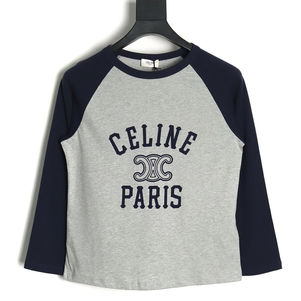 Celine flocked letter patchwork long-sleeved T-shirt TSK1,All order with free shipping Celine