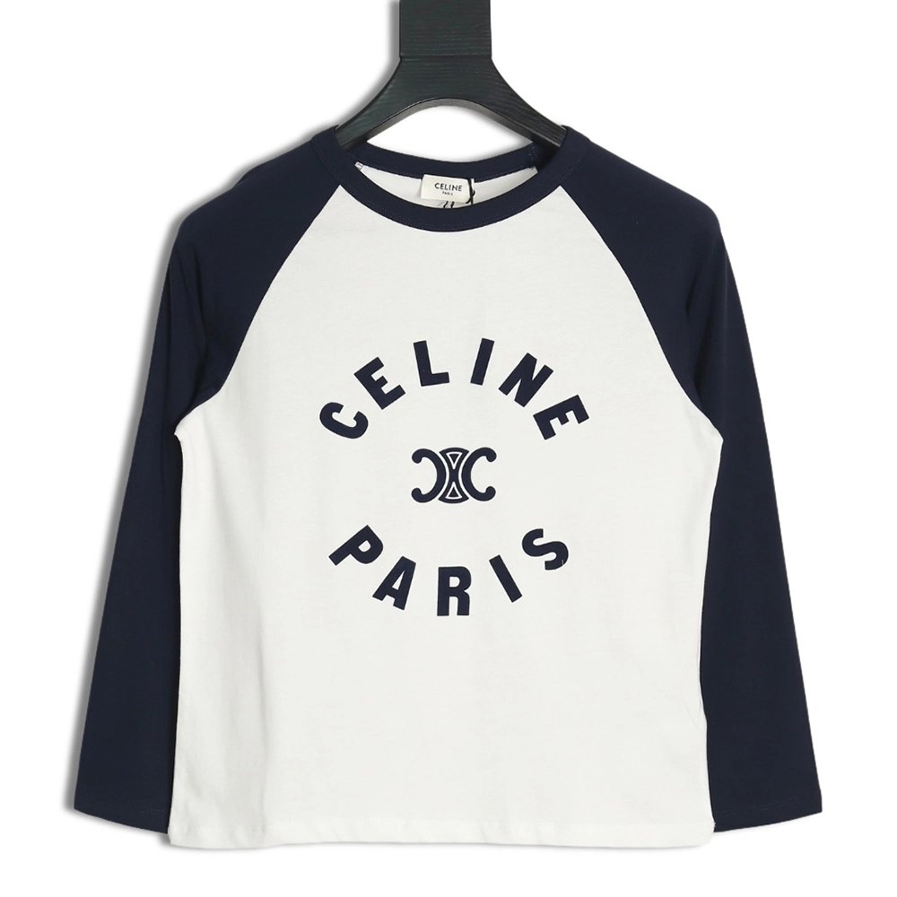 Celine flocked letter patchwork long-sleeved T-shirt,All order with free shipping Celine