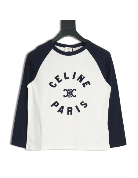 Celine flocked letter patchwork long-sleeved T-shirt,All order with free shipping Celine