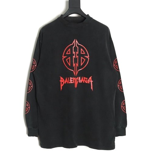 Balenciaga cracked double B washed black long-sleeved T-shirt,All order with free shipping Balenciaga