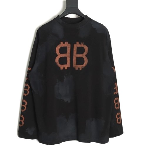 Balenciaga Double B washed hand-painted distressed Bitcoin long-sleeved T-shirt,All order with free shipping Balenciaga