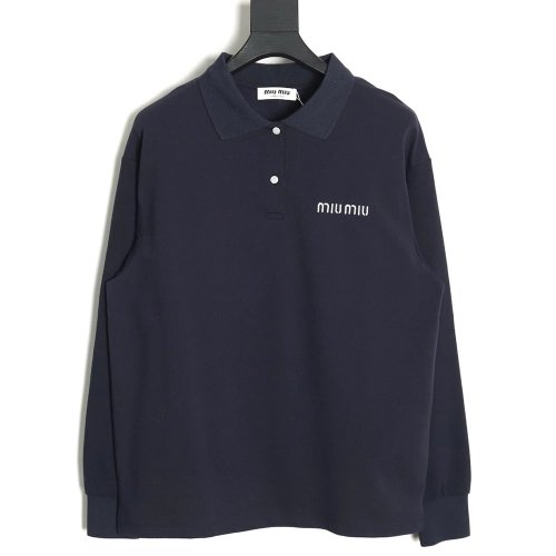 Miu Miu lettering embroidered lapel long-sleeved T-shirt,All order with free shipping Miu Miu
