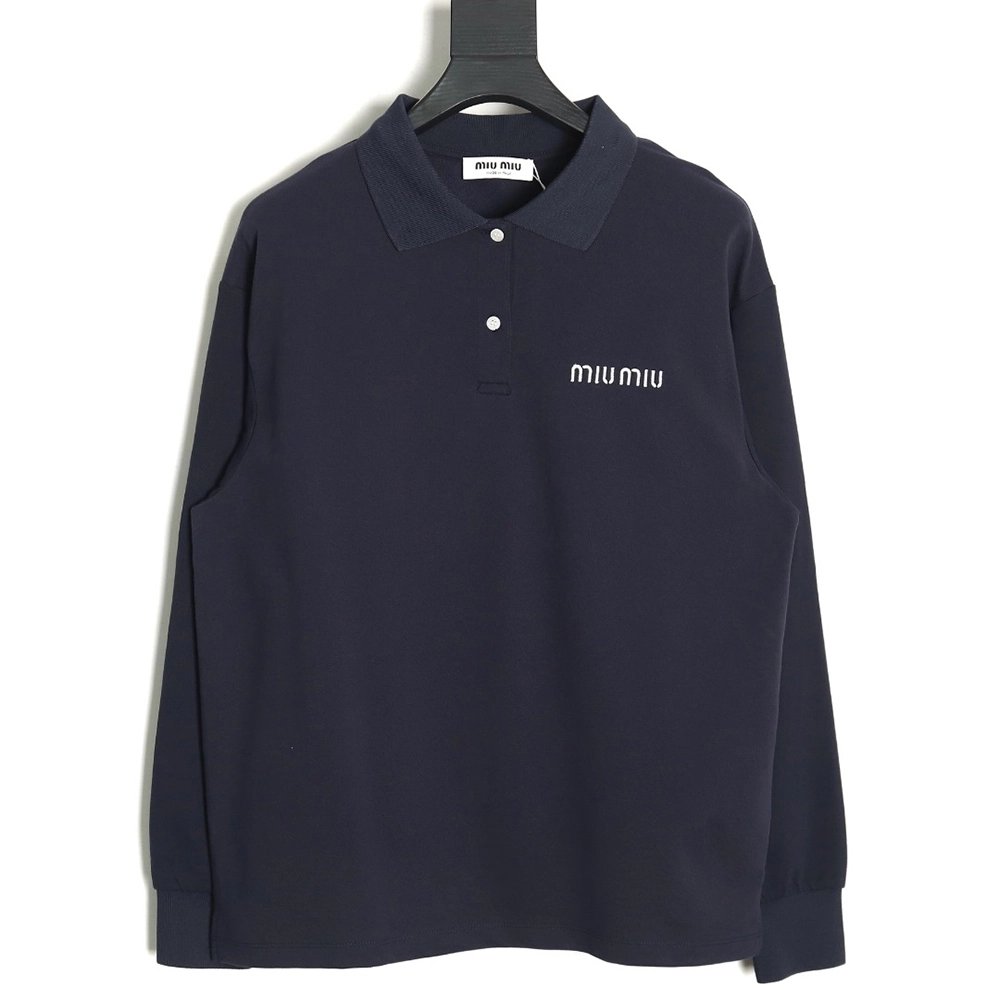 Miu Miu lettering embroidered lapel long-sleeved T-shirt,All order with free shipping Miu Miu
