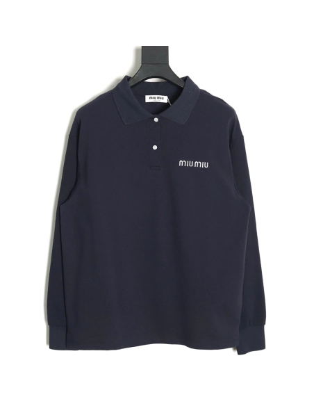 Miu Miu lettering embroidered lapel long-sleeved T-shirt,All order with free shipping Miu Miu