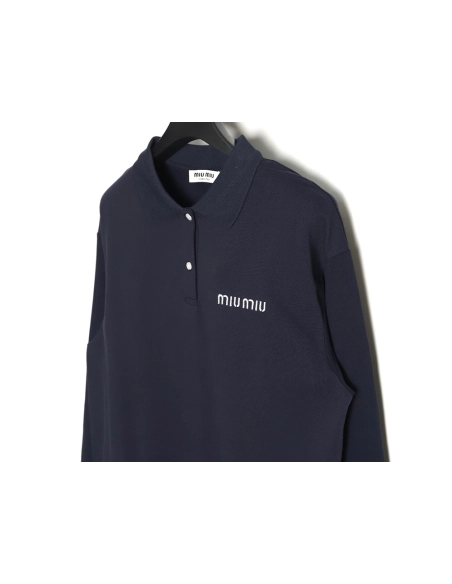 Miu Miu lettering embroidered lapel long-sleeved T-shirt,All order with free shipping Miu Miu