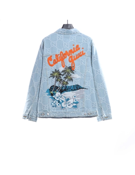 Gucci coconut palm embroidered denim jacket,Gucci Jacket,Jacket,APPAREL