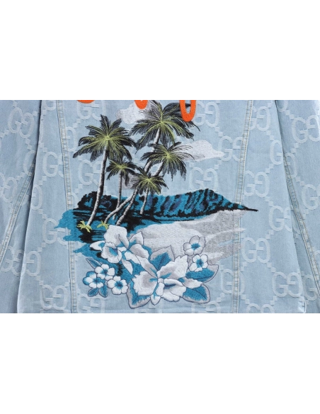 Gucci coconut palm embroidered denim jacket,Gucci Jacket,Jacket,APPAREL