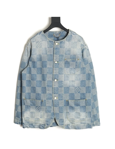Louis Vuitton 24SS Checkerboard Collarless Denim Shirt Jacket,Louis Vuitton Jacket,Jacket,APPAREL
