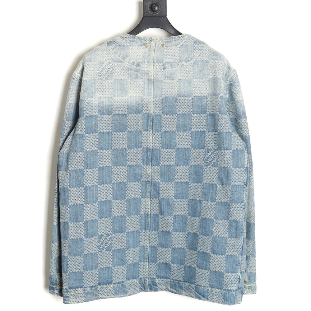 Louis Vuitton 24SS Checkerboard Collarless Denim Shirt Jacket,Louis Vuitton Jacket,Jacket,APPAREL