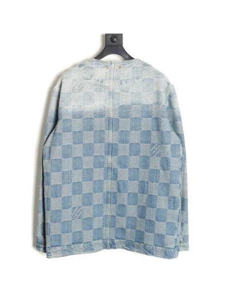 Louis Vuitton 24SS Checkerboard Collarless Denim Shirt Jacket,Louis Vuitton Jacket,Jacket,APPAREL