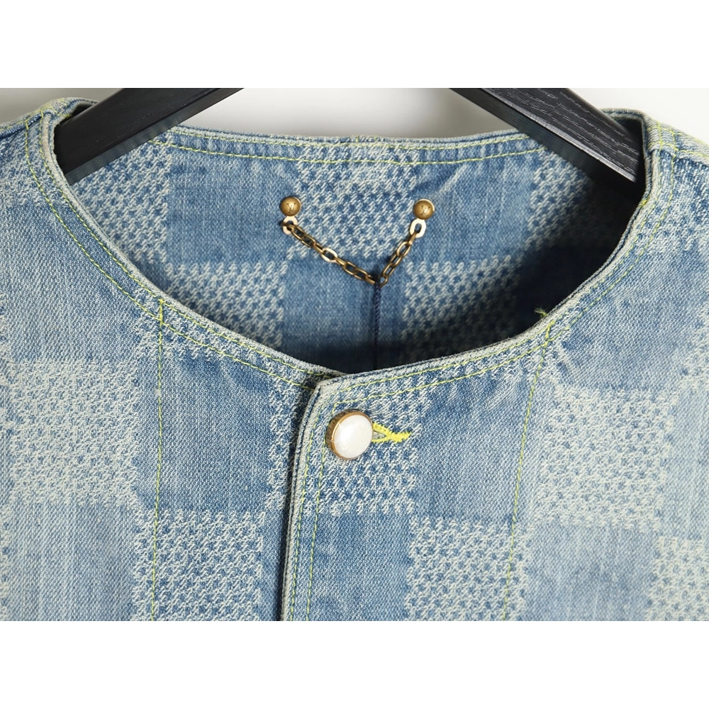 Louis Vuitton 24SS Checkerboard Collarless Denim Shirt Jacket,Louis Vuitton Jacket,Jacket,APPAREL