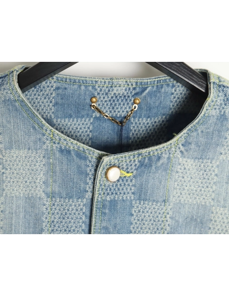Louis Vuitton 24SS Checkerboard Collarless Denim Shirt Jacket,Louis Vuitton Jacket,Jacket,APPAREL