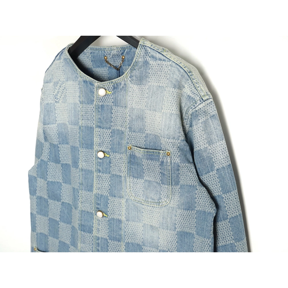 Louis Vuitton 24SS Checkerboard Collarless Denim Shirt Jacket,Louis Vuitton Jacket,Jacket,APPAREL