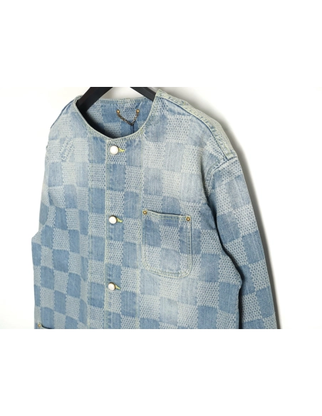 Louis Vuitton 24SS Checkerboard Collarless Denim Shirt Jacket,Louis Vuitton Jacket,Jacket,APPAREL