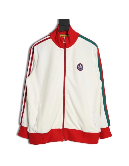 GUCCI ADIDAS joint white and red color matching ribbon zipper jacket,Gucci Jacket,Jacket,APPAREL