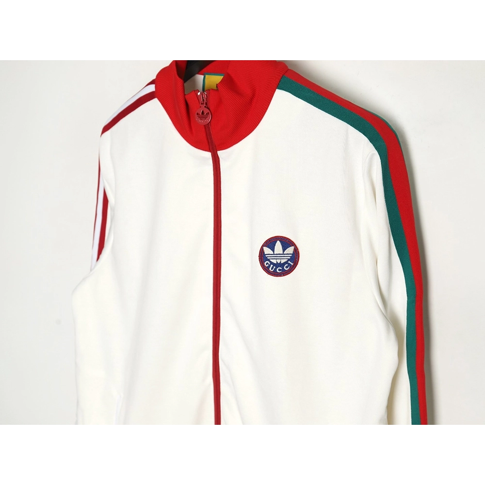 GUCCI ADIDAS joint white and red color matching ribbon zipper jacket,Gucci Jacket,Jacket,APPAREL