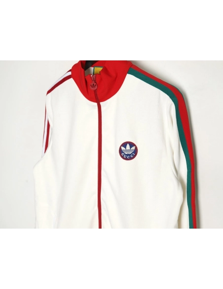 GUCCI ADIDAS joint white and red color matching ribbon zipper jacket,Gucci Jacket,Jacket,APPAREL
