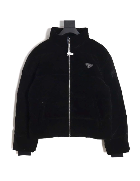 Prada PRD 23FW velvet triangle logo down jacket,Prada Jacket,Jacket,APPAREL