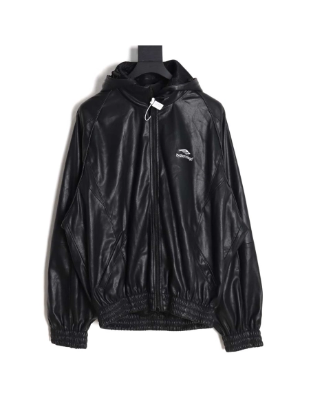 Balenciaga Balenciaga BLCG 23FW stitching contrast color small embroidery hooded leather jacket,Balenciaga Jacket,Jacket,APPAREL