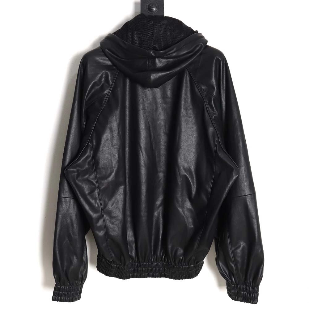 Balenciaga Balenciaga BLCG 23FW stitching contrast color small embroidery hooded leather jacket,Balenciaga Jacket,Jacket,APPAREL