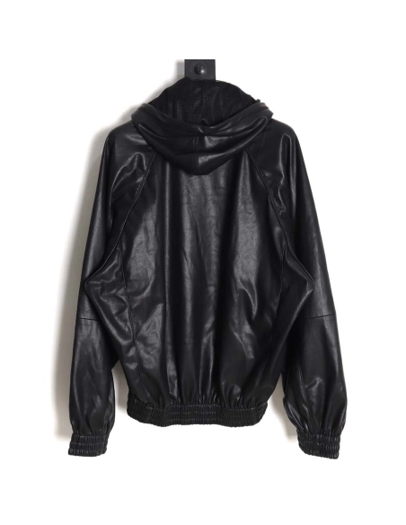 Balenciaga Balenciaga BLCG 23FW stitching contrast color small embroidery hooded leather jacket,Balenciaga Jacket,Jacket,APPAREL