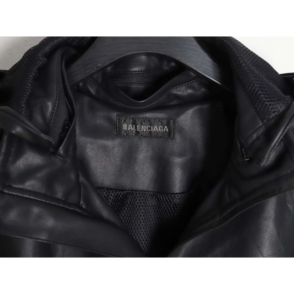 Balenciaga Balenciaga BLCG 23FW stitching contrast color small embroidery hooded leather jacket,Balenciaga Jacket,Jacket,APPAREL