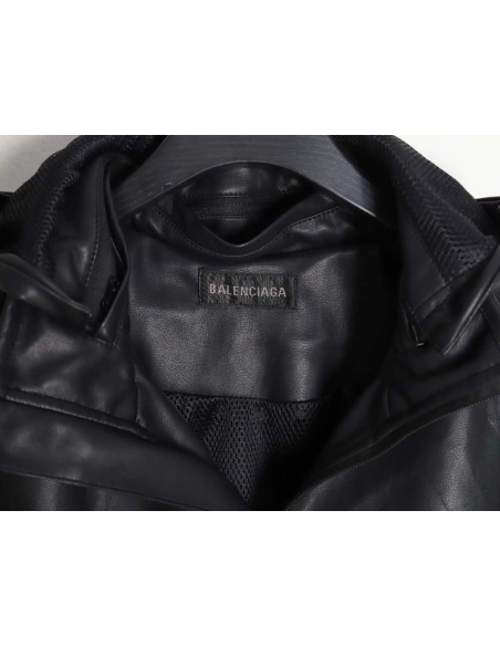 Balenciaga Balenciaga BLCG 23FW stitching contrast color small embroidery hooded leather jacket,Balenciaga Jacket,Jacket,APPAREL