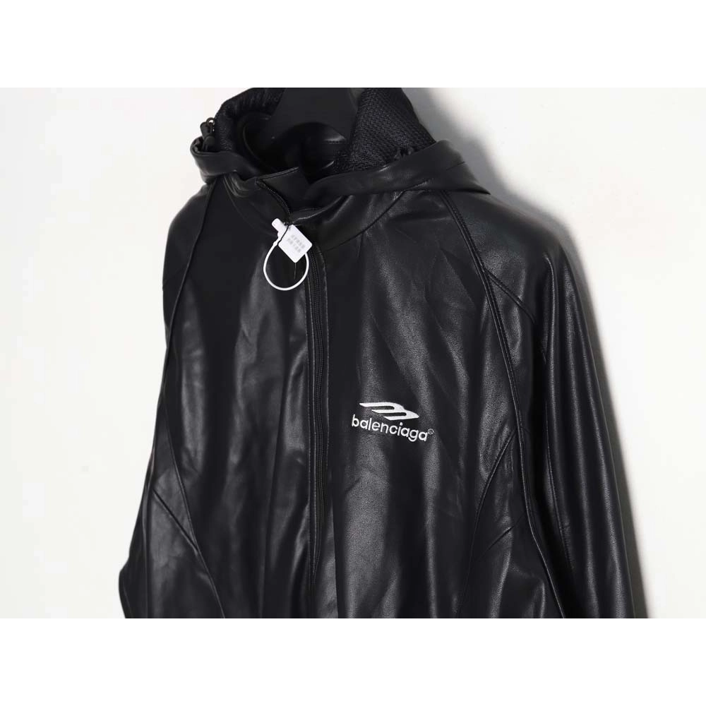 Balenciaga Balenciaga BLCG 23FW stitching contrast color small embroidery hooded leather jacket,Balenciaga Jacket,Jacket,APPAREL