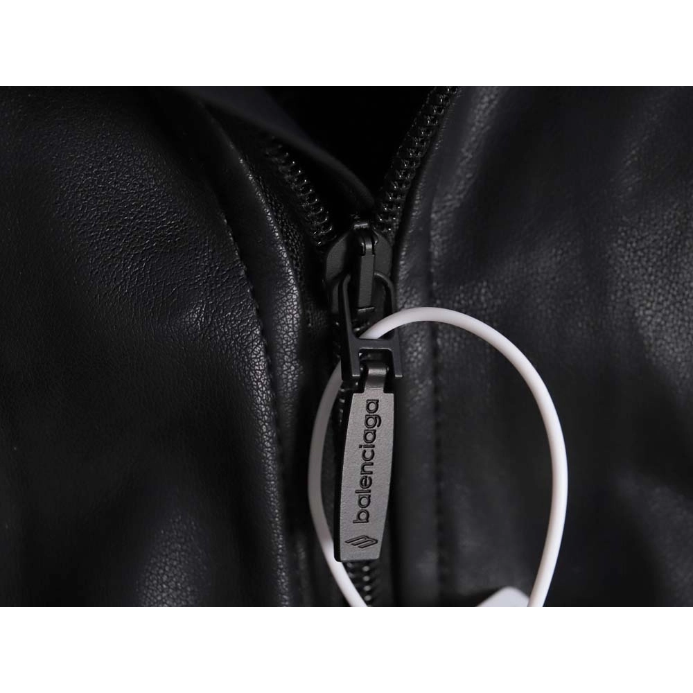 Balenciaga Balenciaga BLCG 23FW stitching contrast color small embroidery hooded leather jacket,Balenciaga Jacket,Jacket,APPAREL