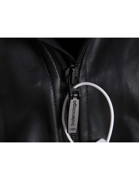 Balenciaga Balenciaga BLCG 23FW stitching contrast color small embroidery hooded leather jacket,Balenciaga Jacket,Jacket,APPAREL