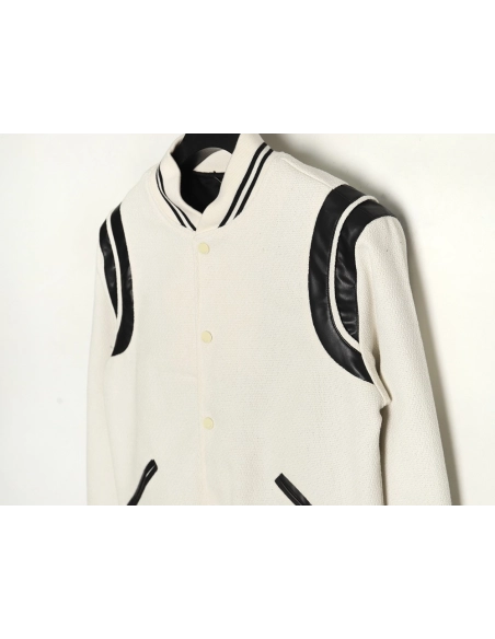 Saint Laurent Paris black and white leather baseball collar jacket,Saint Laurent Jacket,Jacket,APPAREL