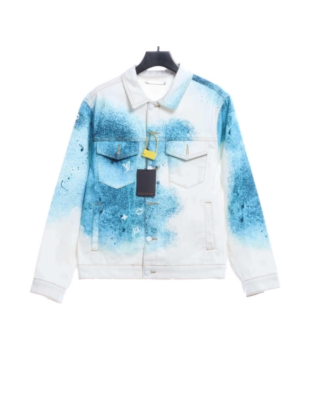 LV starry sky inkjet blue and white gradient denim jacket,Louis Vuitton Jacket,Jacket,APPAREL