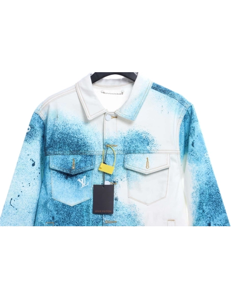 LV starry sky inkjet blue and white gradient denim jacket,Louis Vuitton Jacket,Jacket,APPAREL