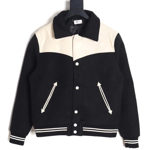 CELINE Celine\CELINE Celine Wool Spliced Leather Shoulder Baseball Jacket Baseball Jacket_CM_1,Celine Jacket,Jacket,APPAREL