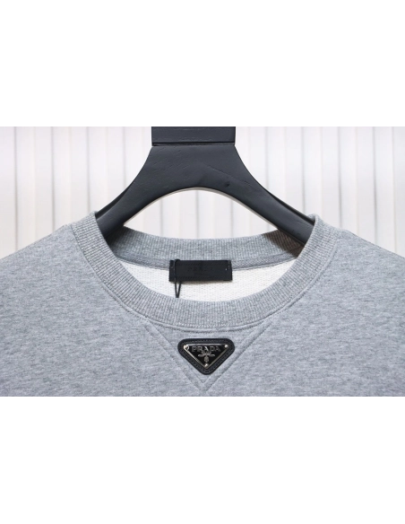 Prada round neck sweatshirt with triangle logo on the neckline,Prada Sweatshirt,Sweatshirt,APPAREL
