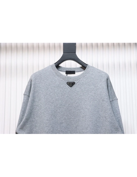 Prada round neck sweatshirt with triangle logo on the neckline,Prada Sweatshirt,Sweatshirt,APPAREL