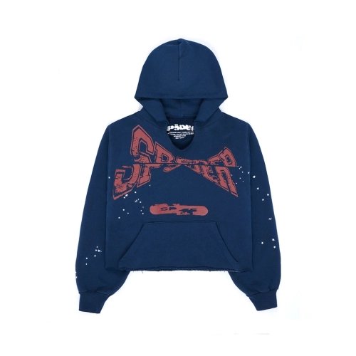 Navy Blue Cropped Sp5der Hoodie,Sp5der Hoodie,HOODIE,Clothing