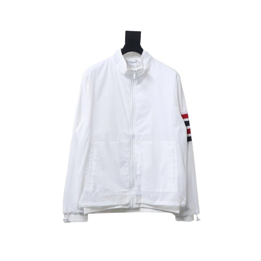 Thom Browne double layer four bar woven stand collar jacket,Cheap Replica Reps Thom Browne