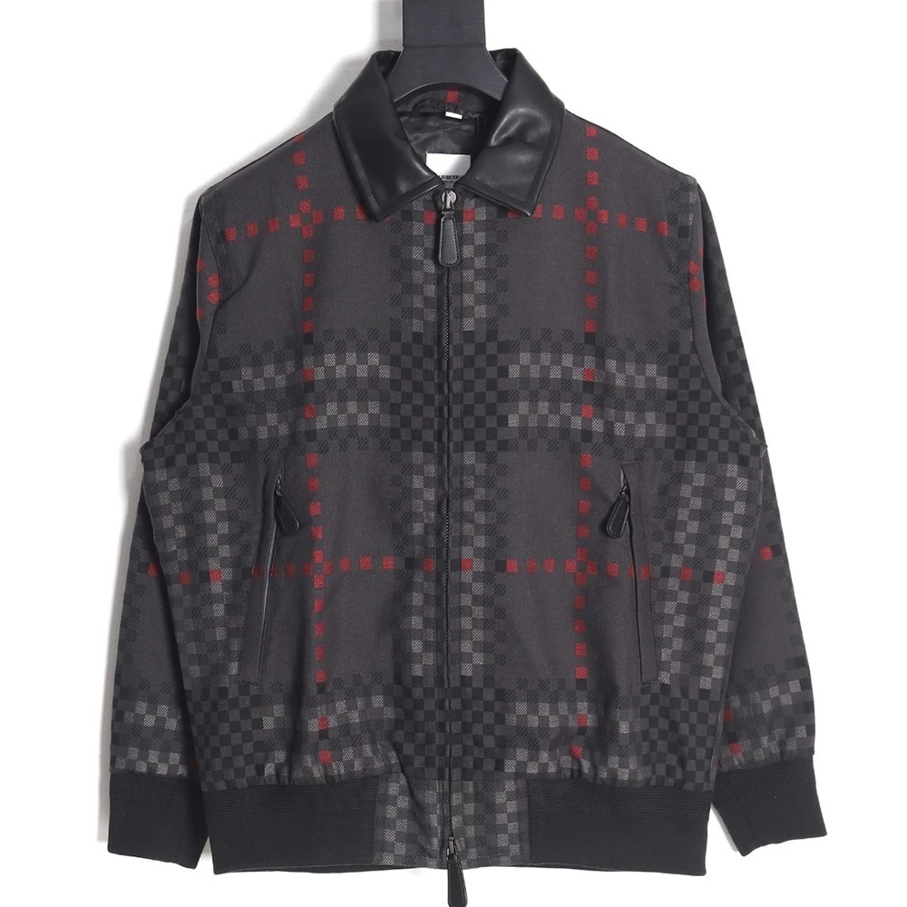 Burberry Pixel Check Wool Blend Harrington Leather Jacket,Cheap Replica Reps Burberry